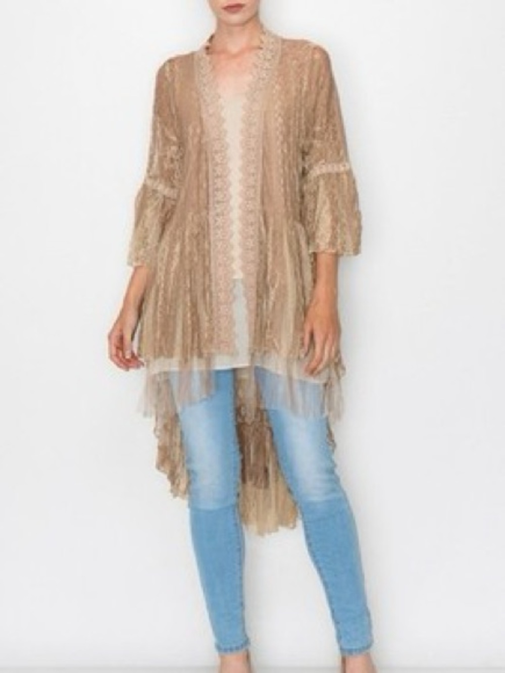 NWT Origami kimono Lace cardigan beige nude waterfall Front- layered‎ tiers XXL - Picture 5 of 16